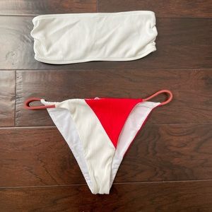 Beach riot white bandeau top and red/white bikini bottoms